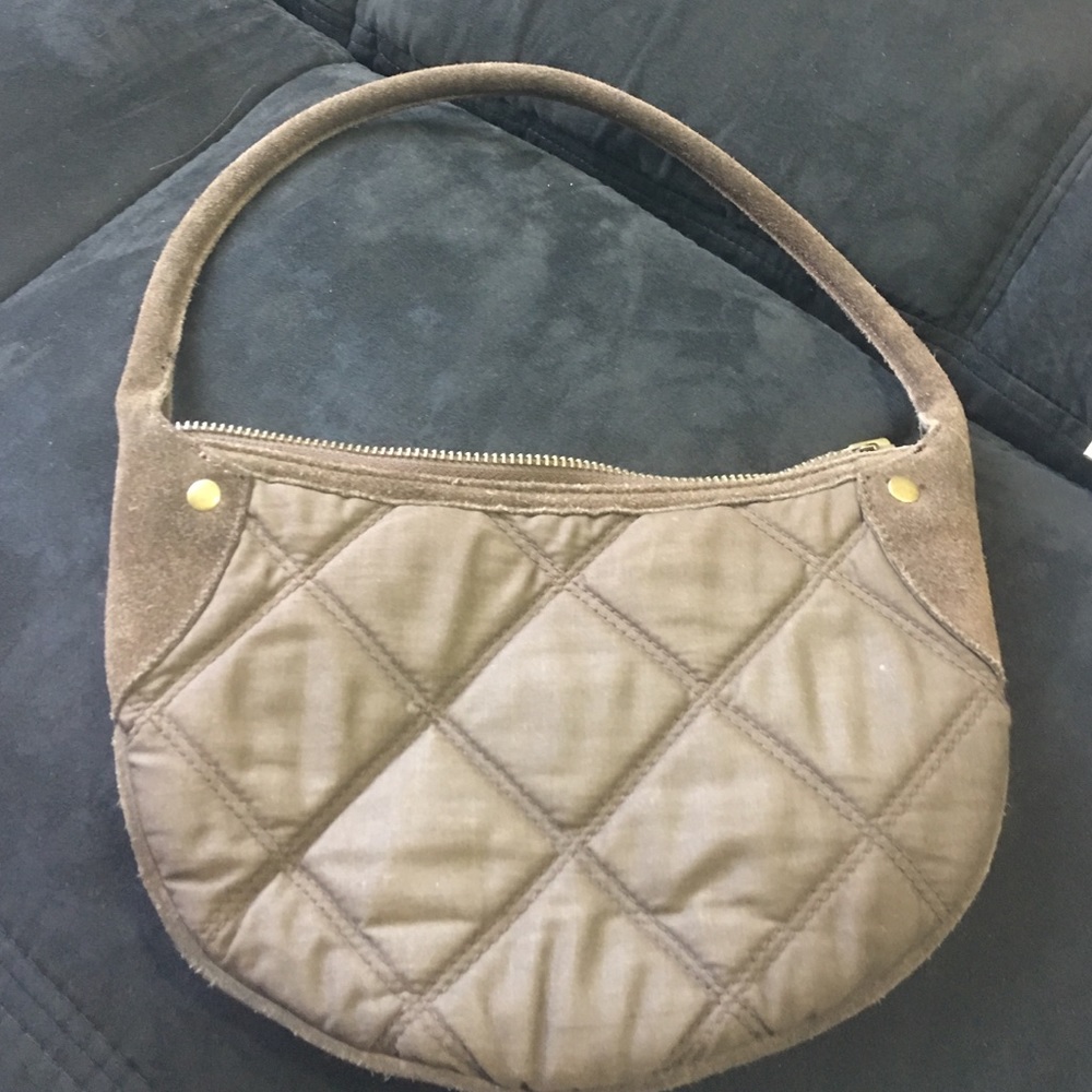 Brown leather & fabric jcrew bag. Size: 9x7.