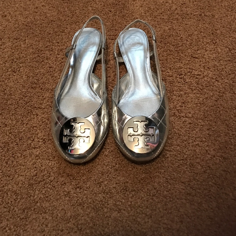 Tory Burch reva sling back flats, silver, size 6