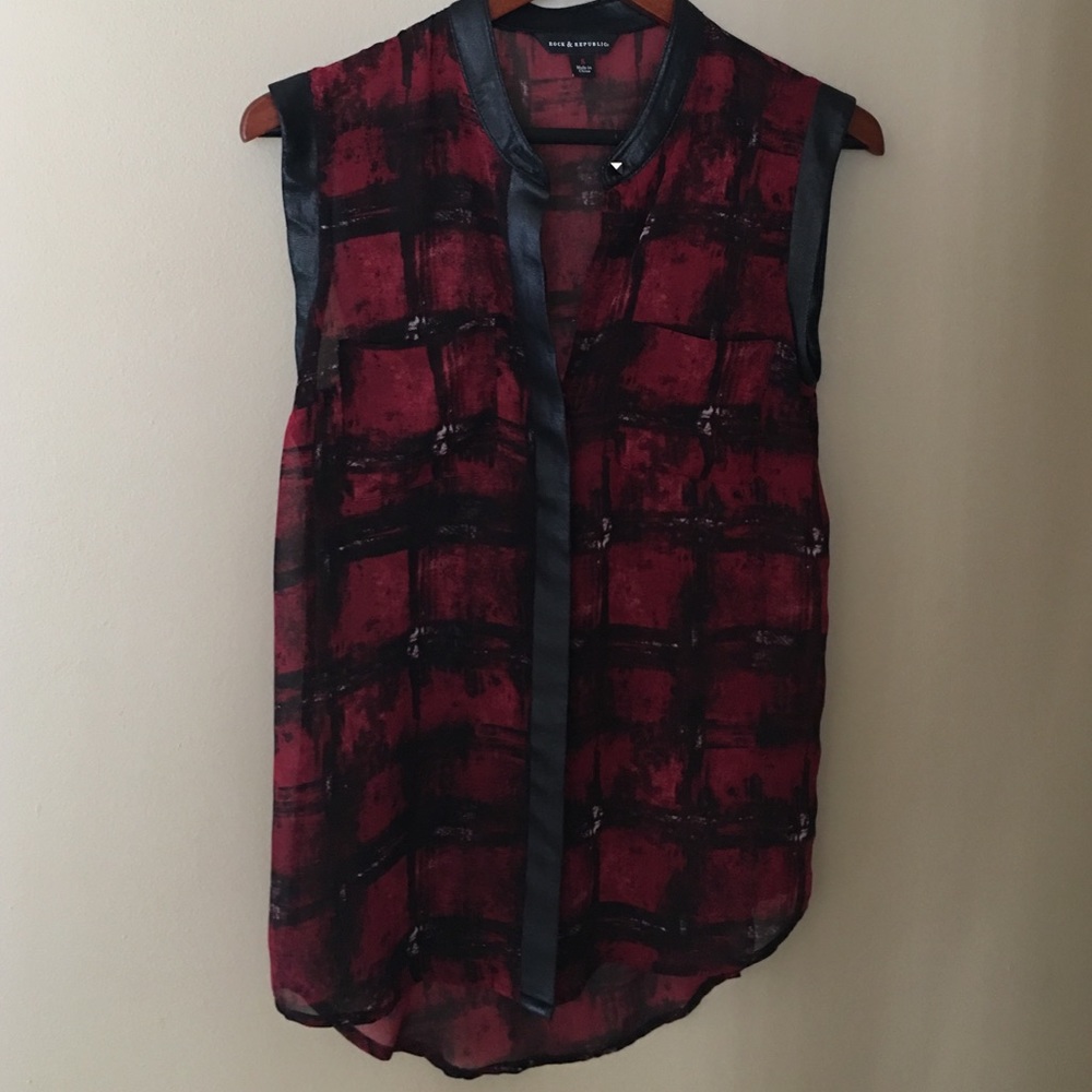 Rock & Republic sheer tank w/ vegan leather detail