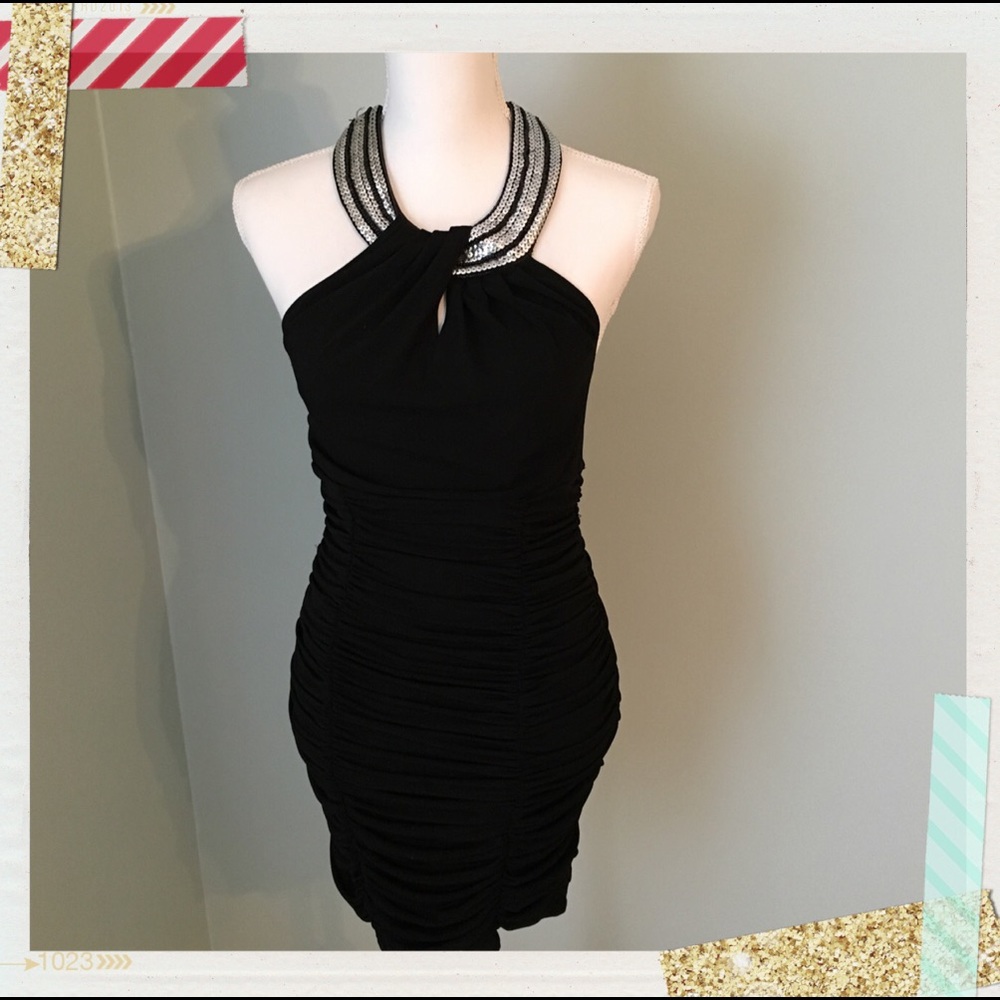 Black High Neck Halter Ruched Dress