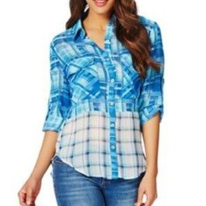 NWT Blue Semi-Sheer Plaid Hi-Low Top