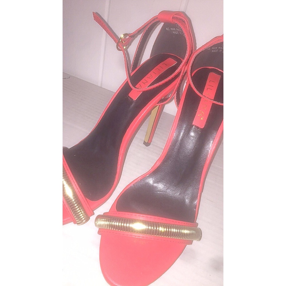 Red Open Toe Stilettos with Gold Plate Detail