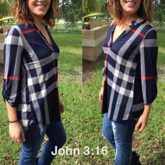 Navy classic plaid tops - Picture 3 of 4