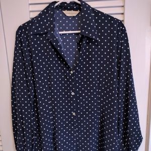 Navy polka dot button down top