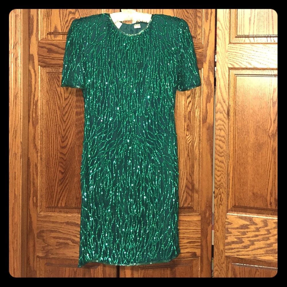 Laurence Kazar Emerald Green Sequined Dress