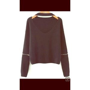 Black Choker V-Neck Zipper Sleeve Sweater