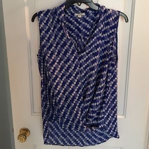 Pleione blue and white sleeveless faux wrap blouse
