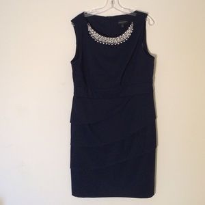 Navy sleeveless, knee length evening dress