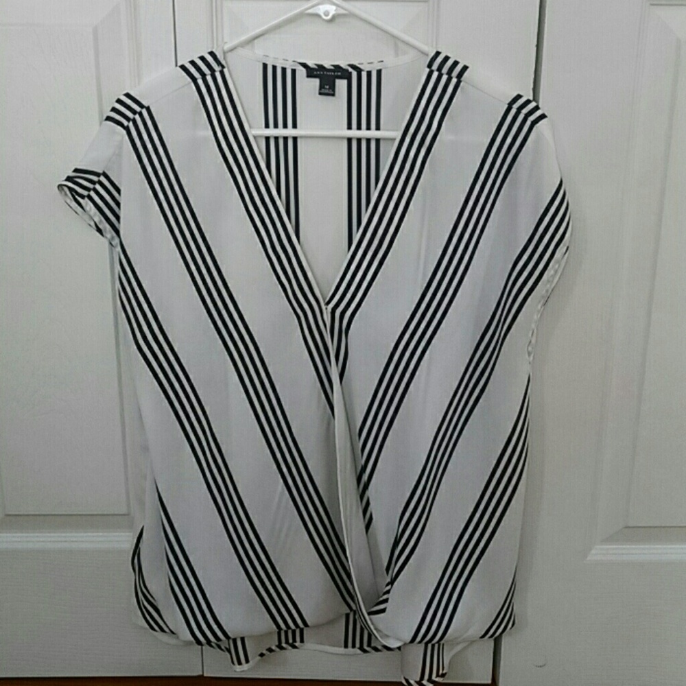Ann Taylor striped cap sleeved faux wrap top