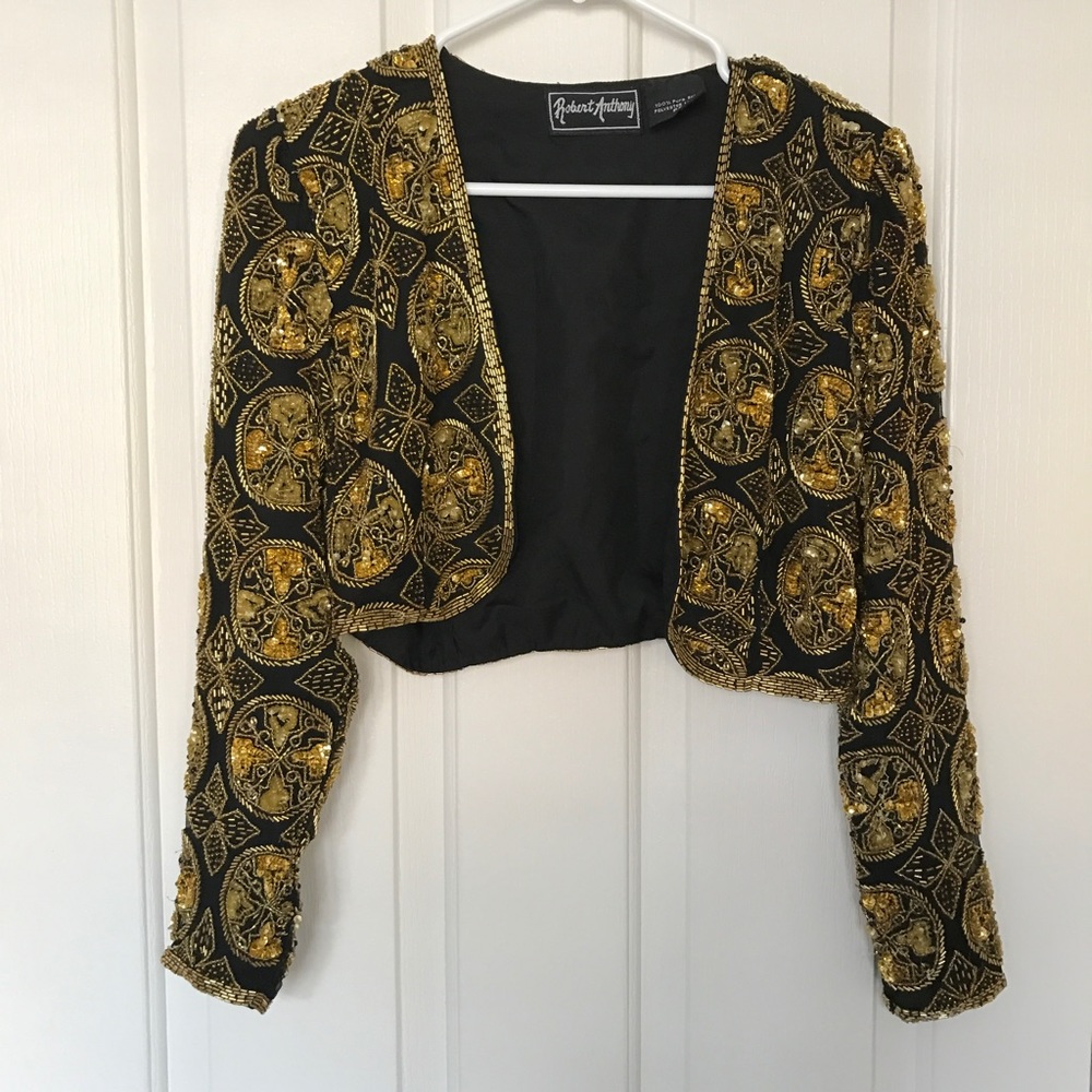 Vintage Sequin Long Sleeve Crop Sweater Gold Black