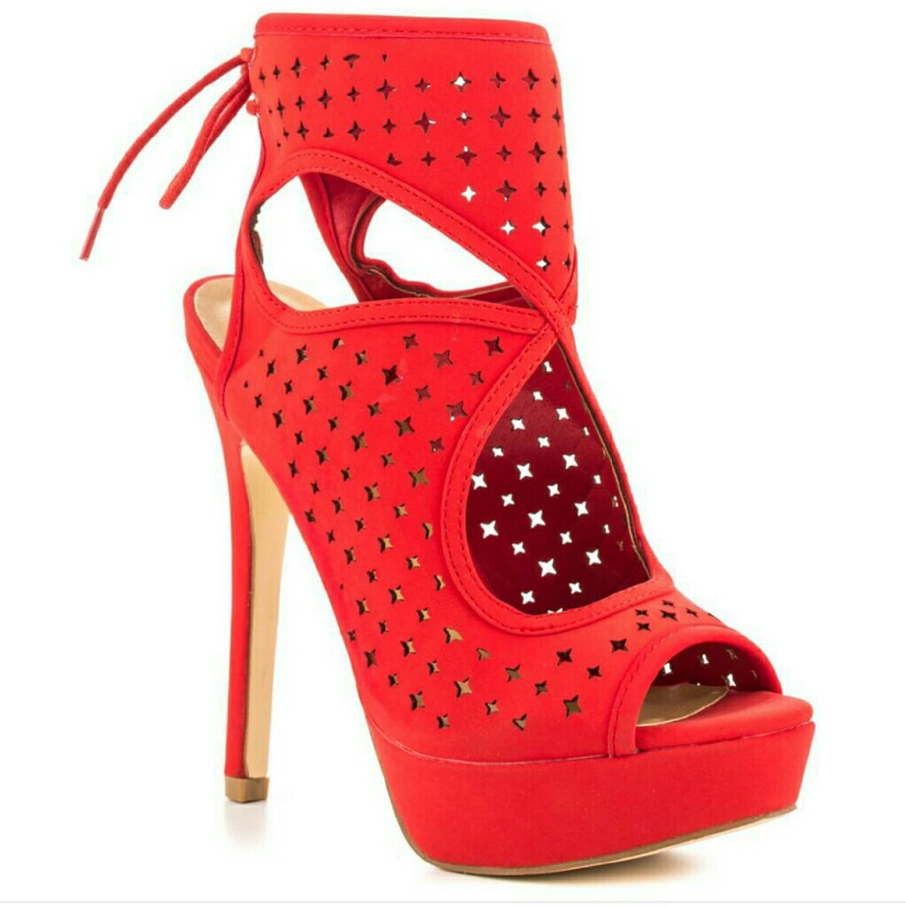 Red laser cut-out stiletto peep toe heels