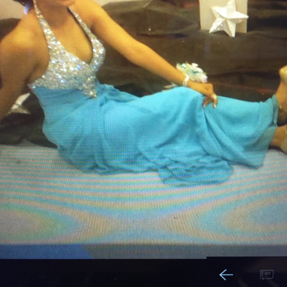 Light blue/ mint long halter top prom dress