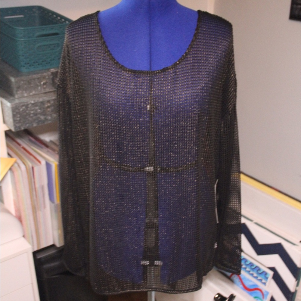 Rock & Republic Black & Gold Mesh Long Sleeve Top