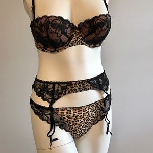 Leopard and Black Lace 3 Piece Lingerie Set
