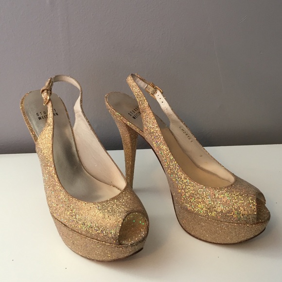 New Stuart Weitzman Gold Glitter Heels - Picture 1 of 4
