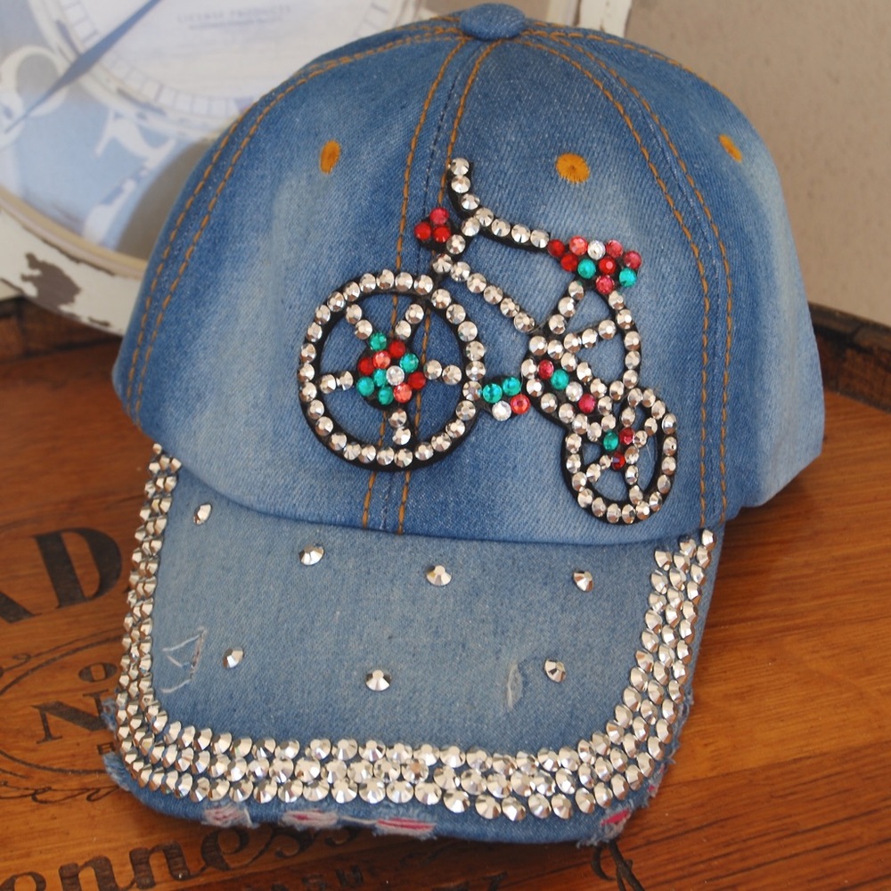 Love to Bicycle Rhinestone Denim Distressed Cap