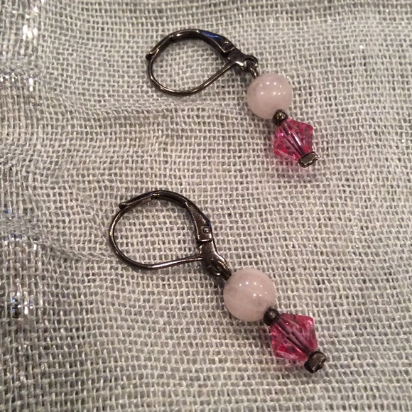 Rose Quartz and Pink Glass Crystal Earrings - Picture 3 of 3