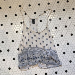 cream and blue patterned spaghetti strap crop top