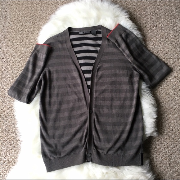 Cozy DKNY Gray & Stripe Cardigan  - SZ: M - Picture 2 of 5