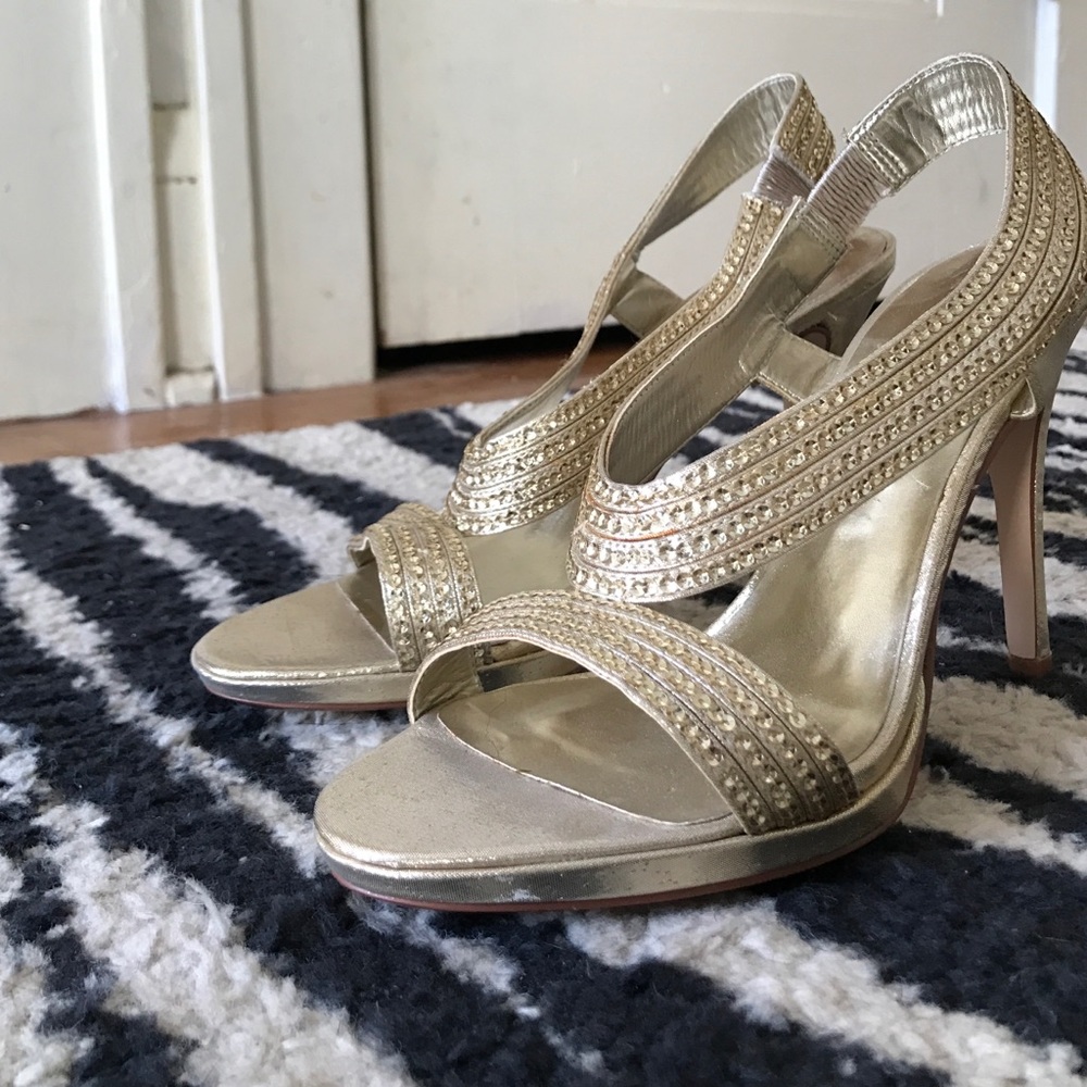 Gold metallic staple heels
