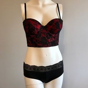 Red Long-Line Bra with Black Lace Overlay