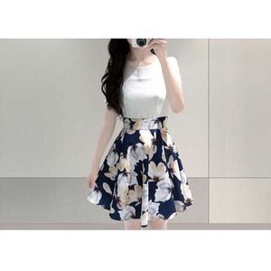 Two Tone Floral Print A-Line Dress