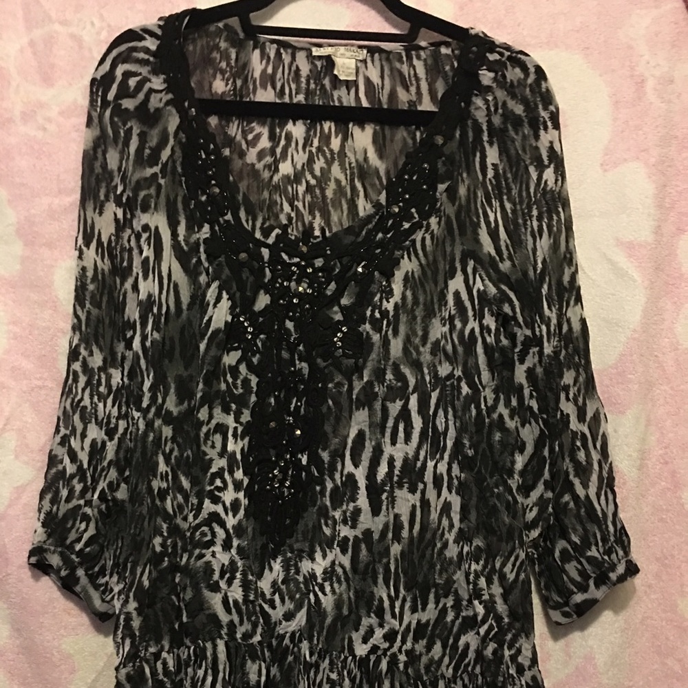 Black Leopard Sheer Beaded Top Alberto Malaki L