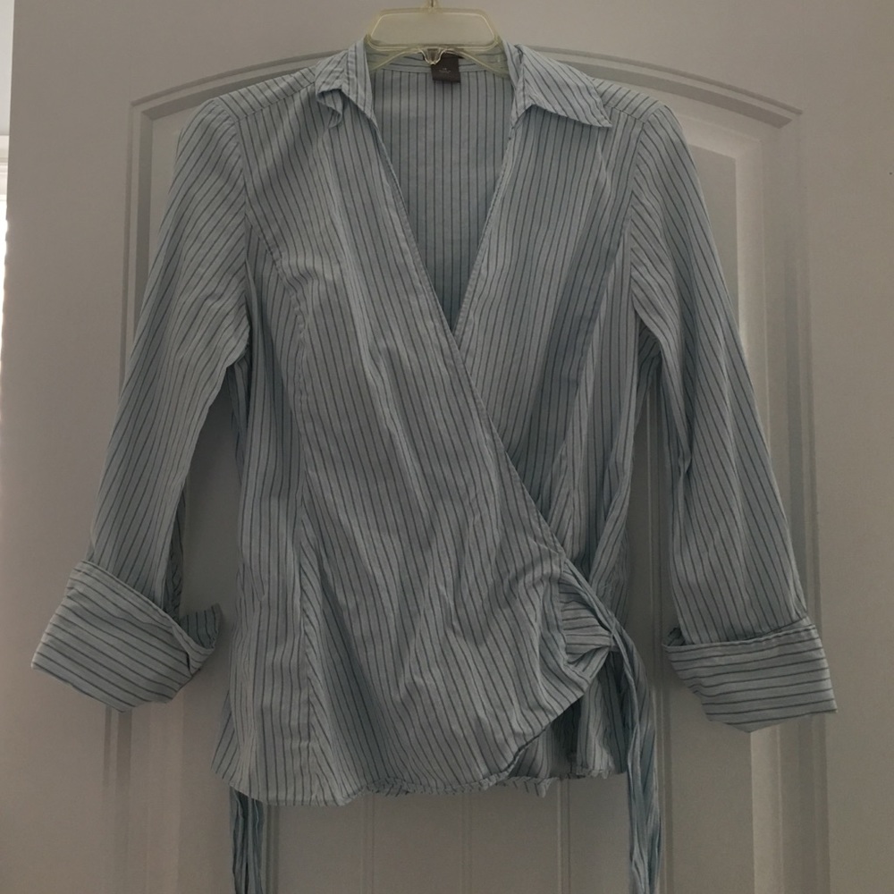 Blue striped wrap blouse. Ann Taylor.