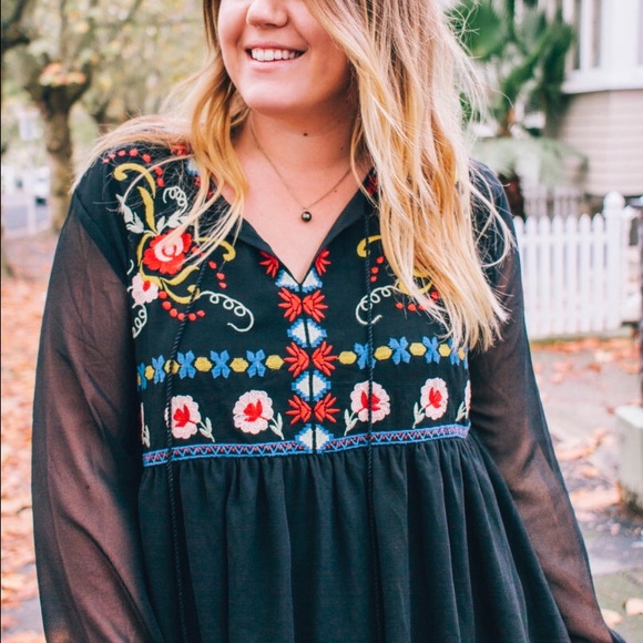Boohoo Dresses - LIKE NEW Black Embroidered Long Sleeve Dress Boohoo Dresses - LIKE NEW Black Embroidered Long Sleeve Dress