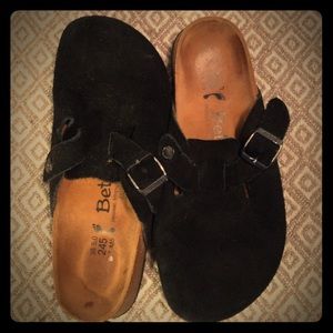 Birkenstock, black suede slides