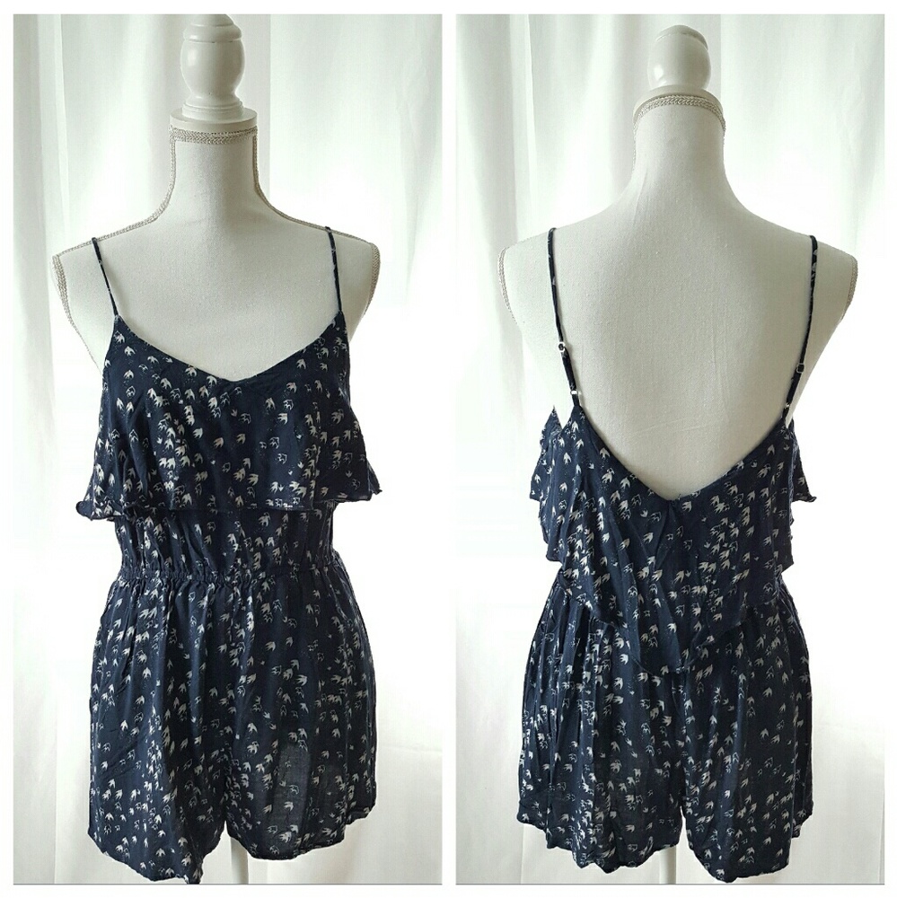 XHILARATION Blue Pink Bird Print Shorts Romper