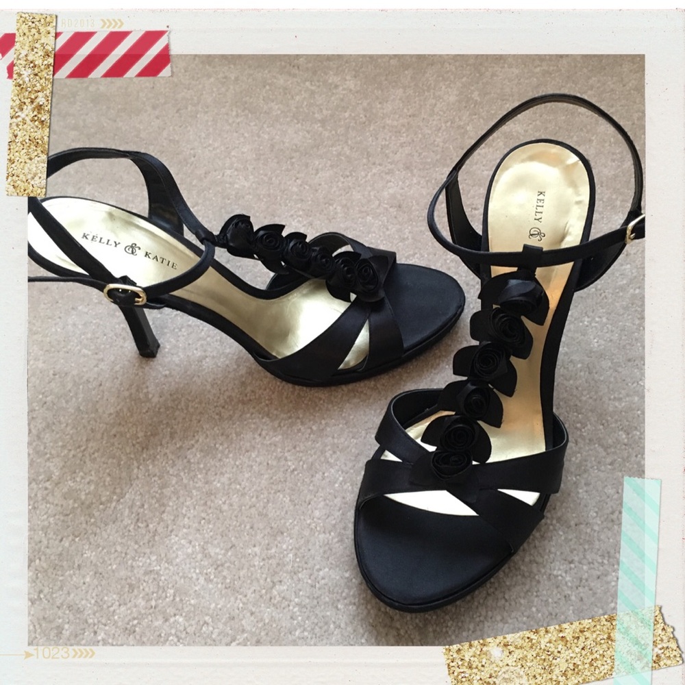 Black Satin Strappy Rosette Heels