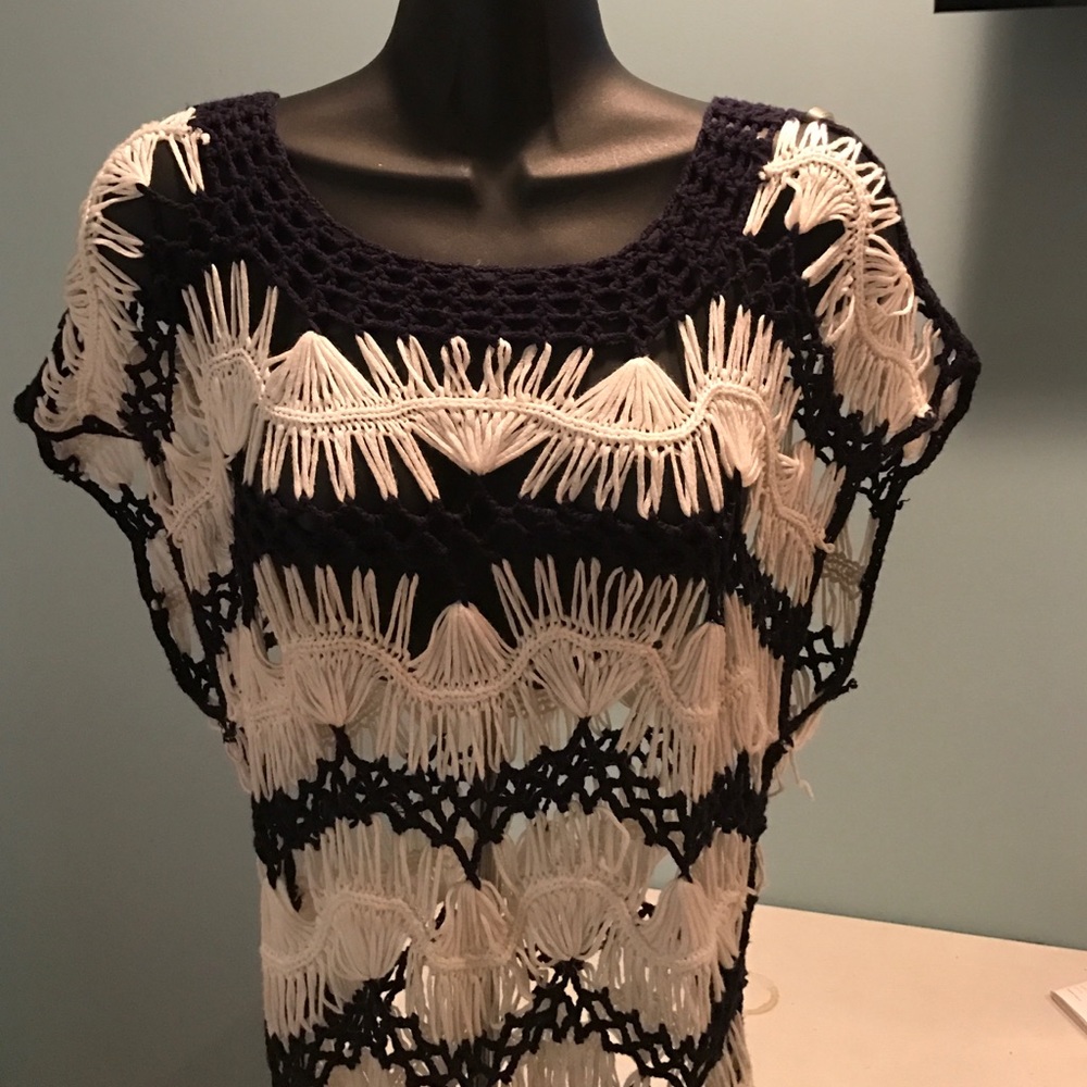 Blue and white crocheted sweater.  Short sleeve