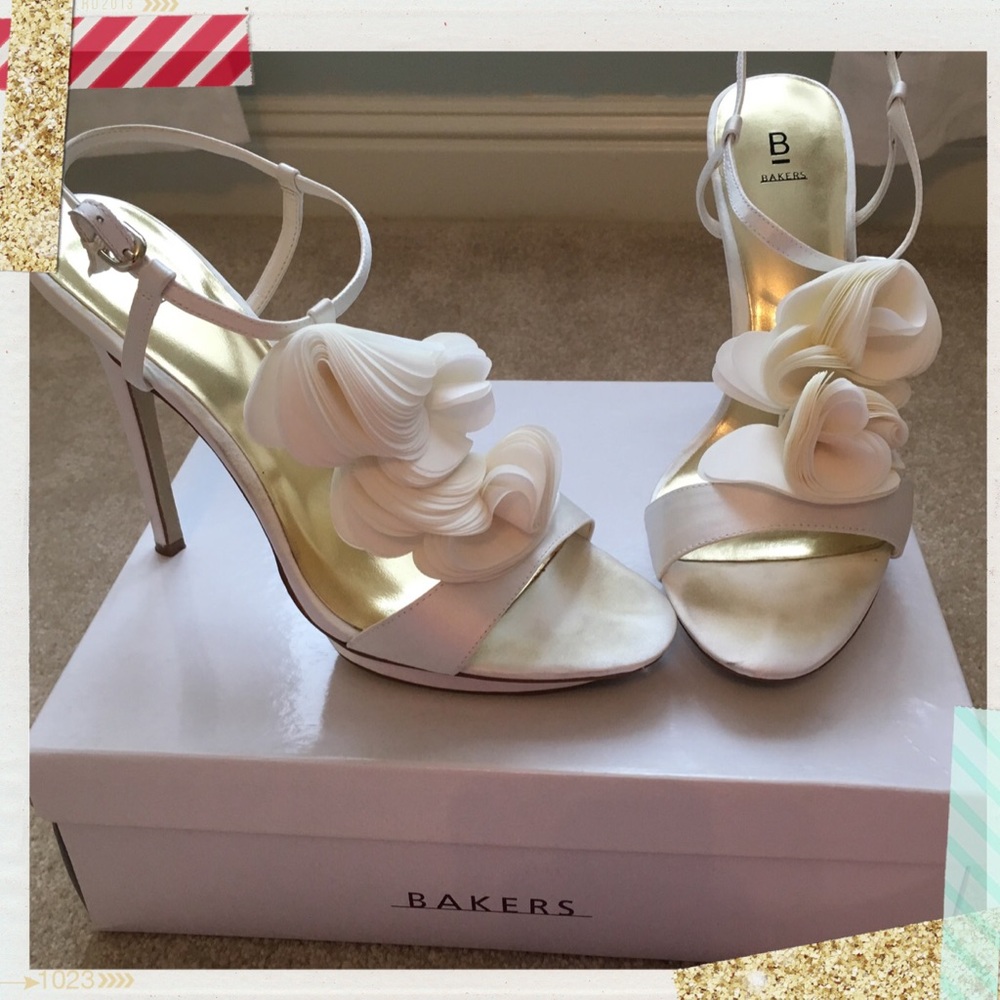 White Satin Platform Heels with Fabric Flowers