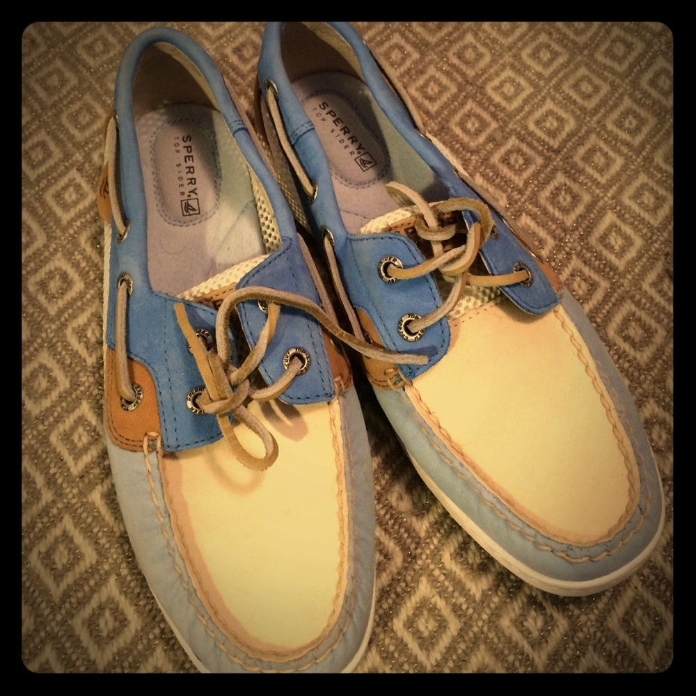 Sperry topsider, white, blue, brown leather shoes