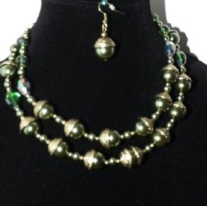 Green & Gold Double Strand Necklace Set