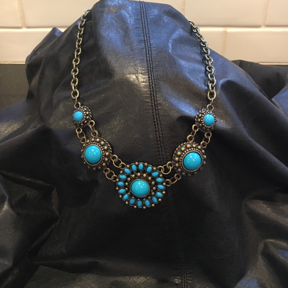 Turquoise blue & bronze chunky jeweled necklace.