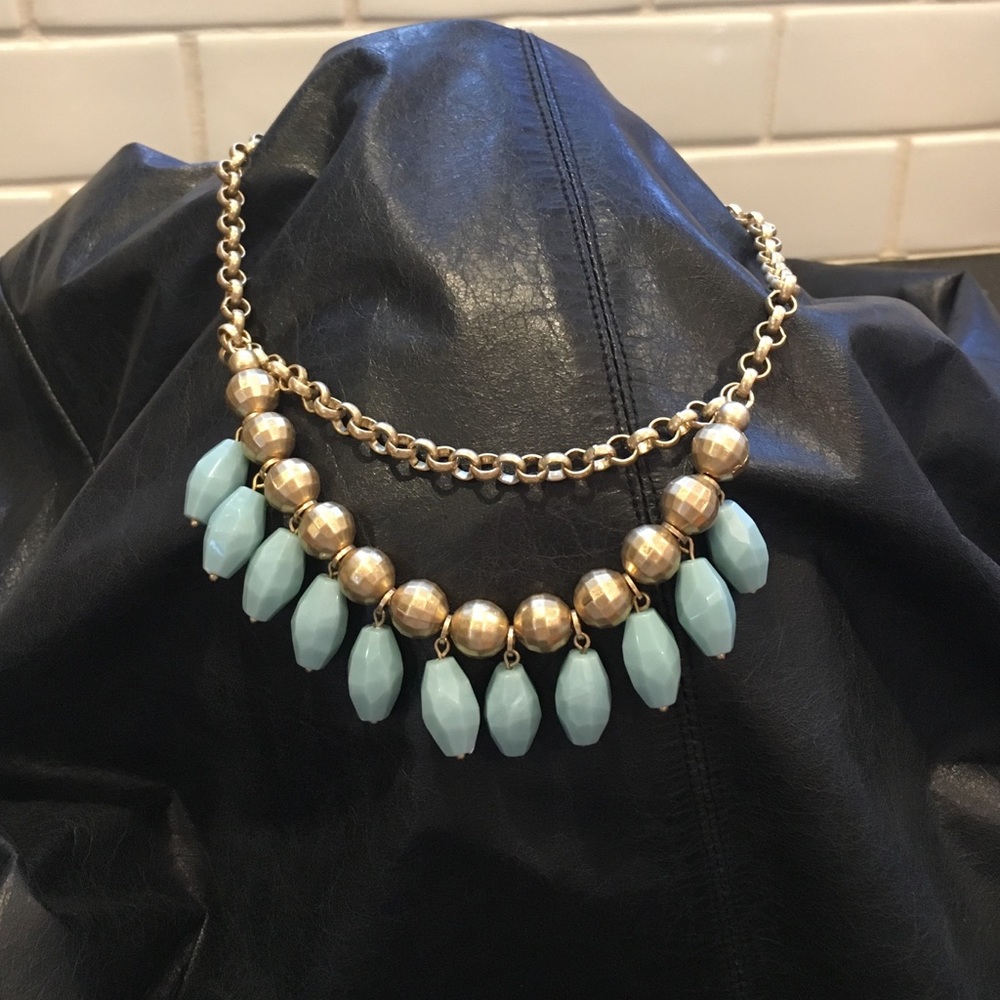 Gold tone and aqua necklace