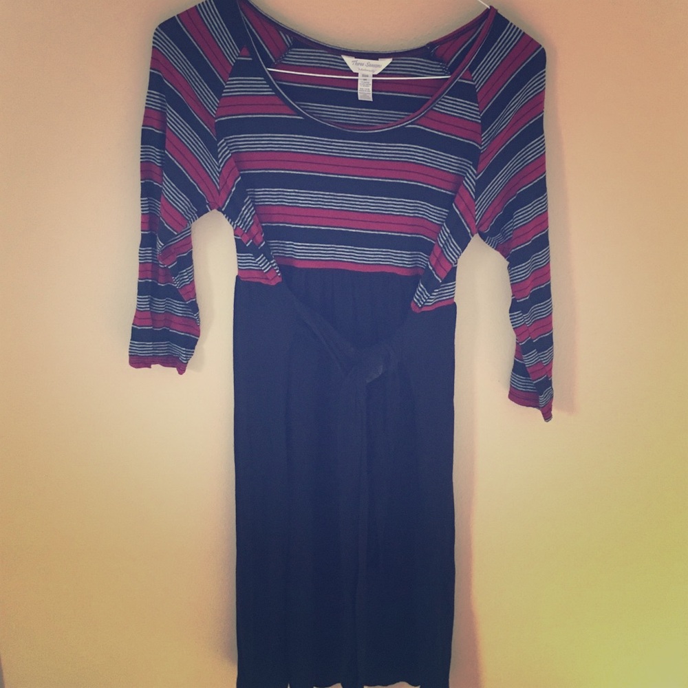 Casual red, grey, and black striped dress