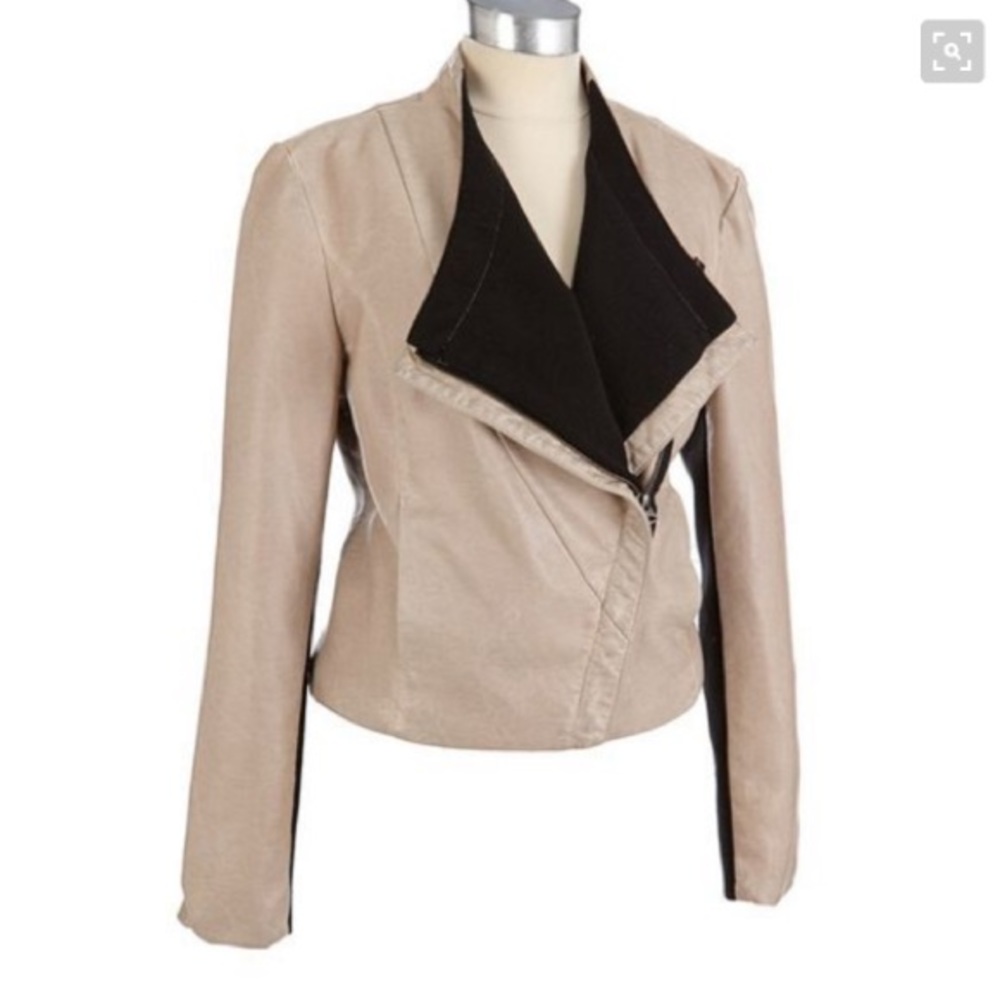 Tan/black faux leather asymmetrical moto jacket