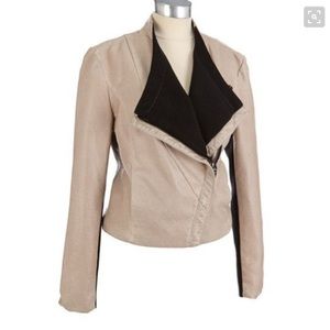 Tan/black faux leather asymmetrical moto jacket