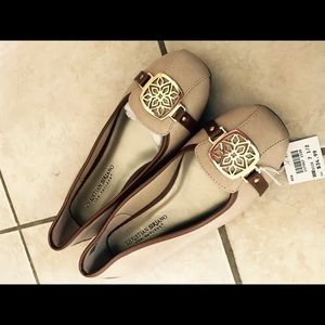 Christian Siriano tan flats with gold accents