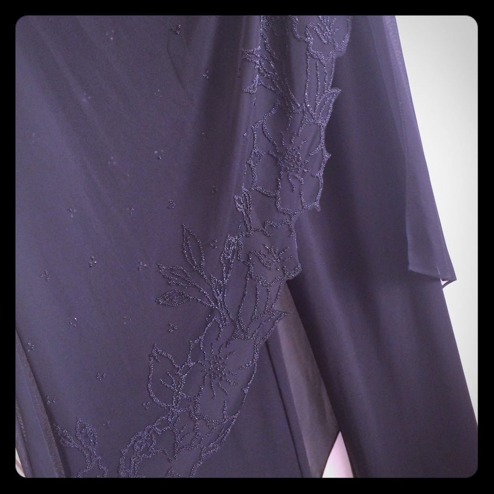 Formal black pantsuit with beaded overlay