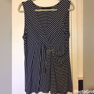 Navy blue & white stripe, wrap-front blouse.