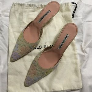 Manolo Blahnik suede kitten heel slides