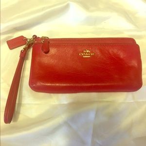 Coach double zipper wristlet, soft red leather.