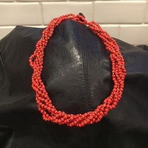 Orange/red and bronze beaded necklace
