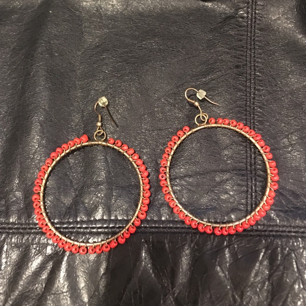 Orange/red and bronze beaded round drop earrings