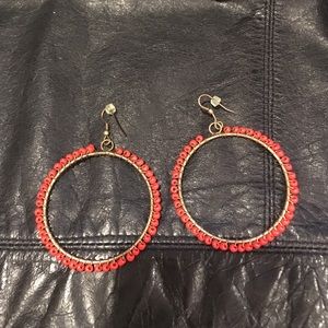 Orange/red and bronze beaded round drop earrings