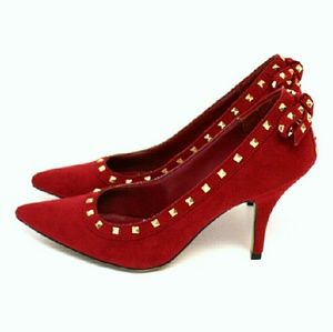 Elle "Kairi" Red Suede Studded Heels with Bow